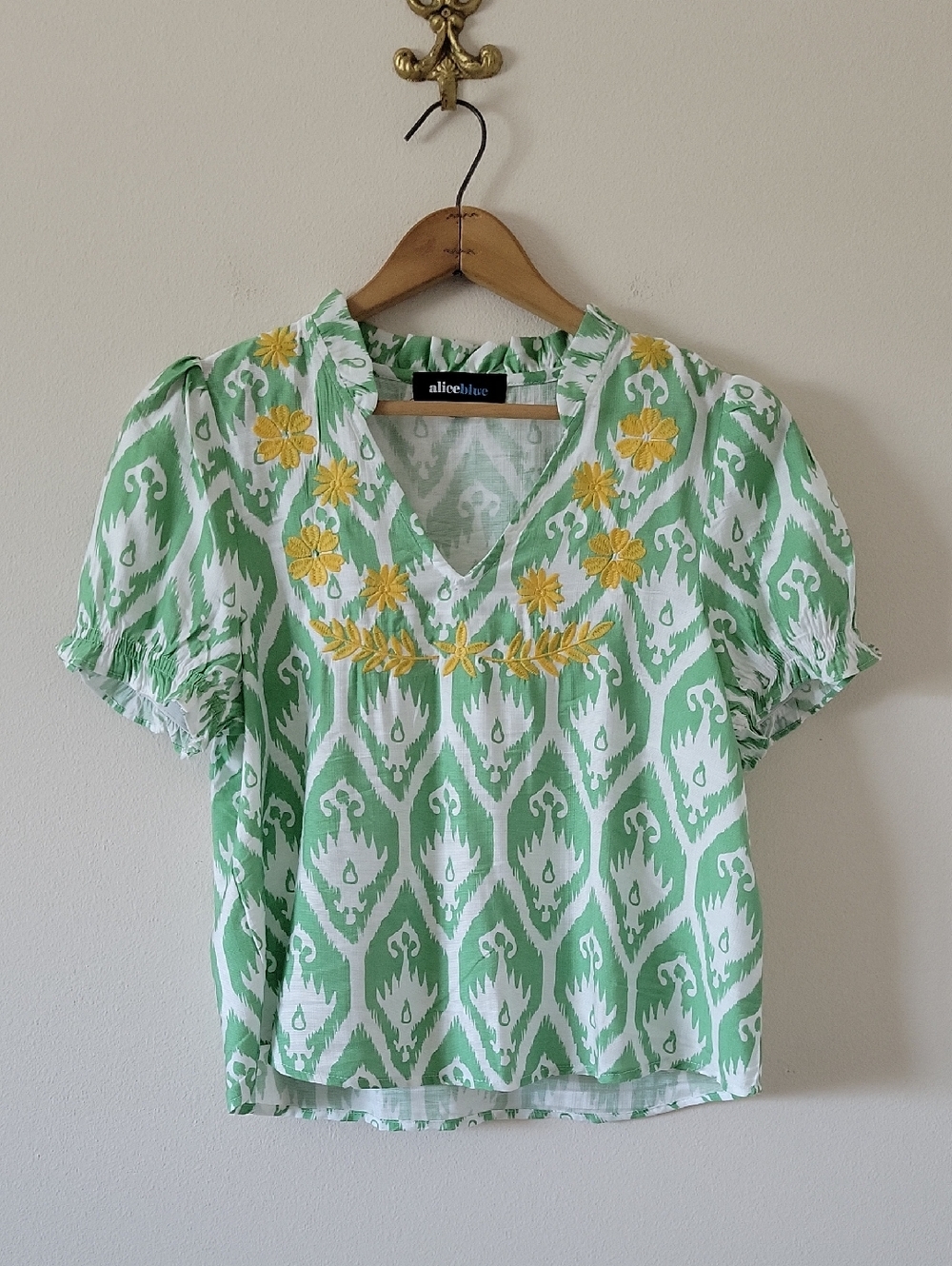 Alice Blue Ikat Embroidered Blouse Green White Yellow Size Small